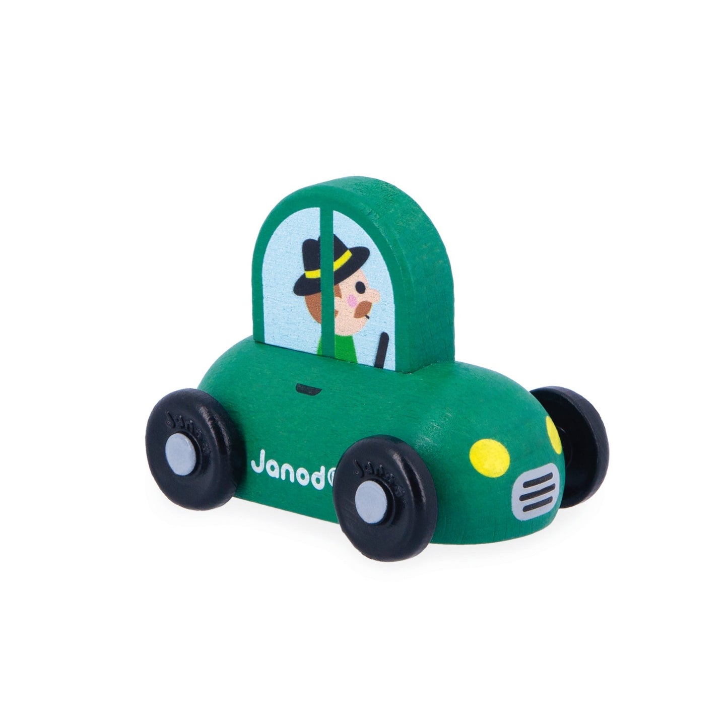 Janod small green wooden car with painted man character 