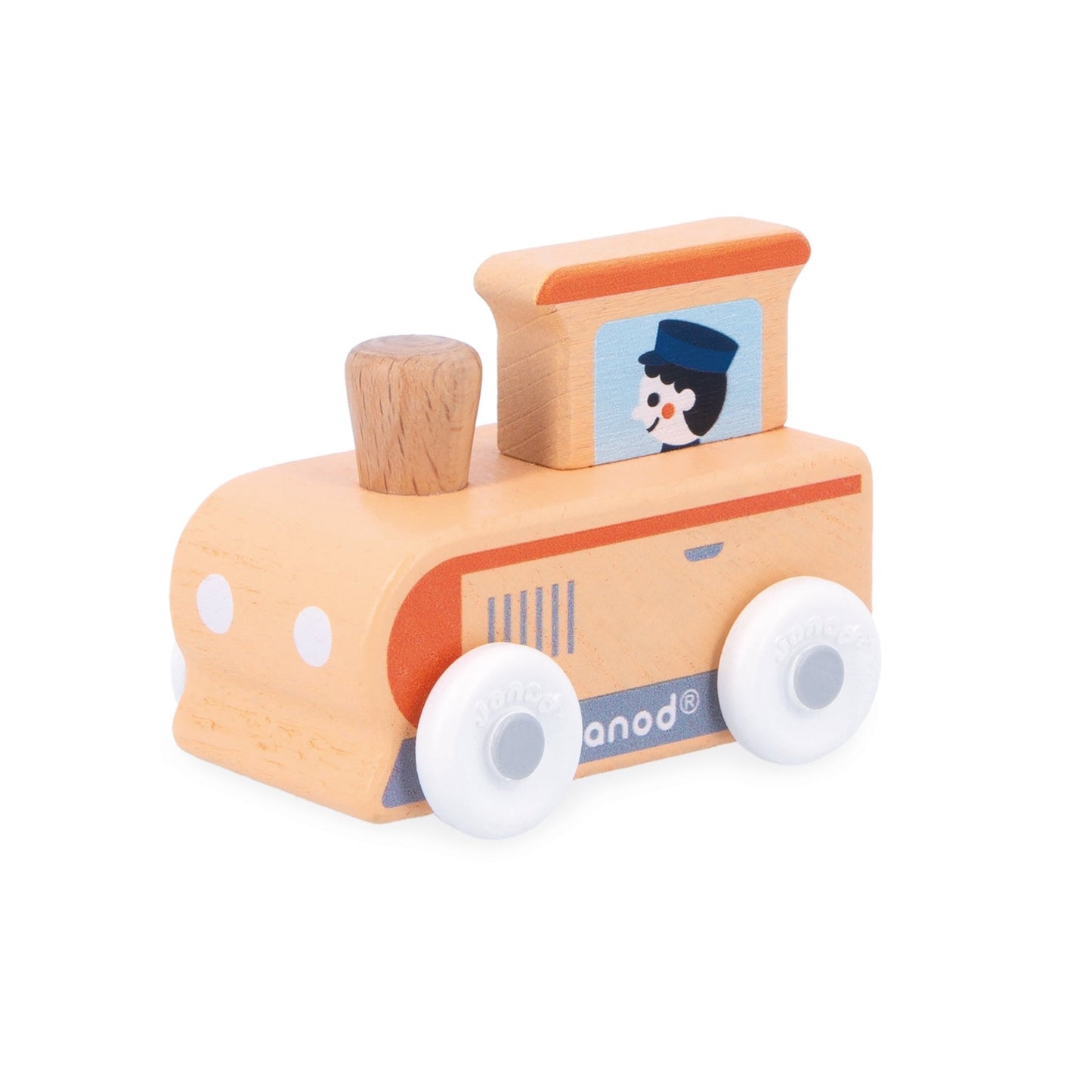 Janod Wooden toy train with a driver figure on a white background