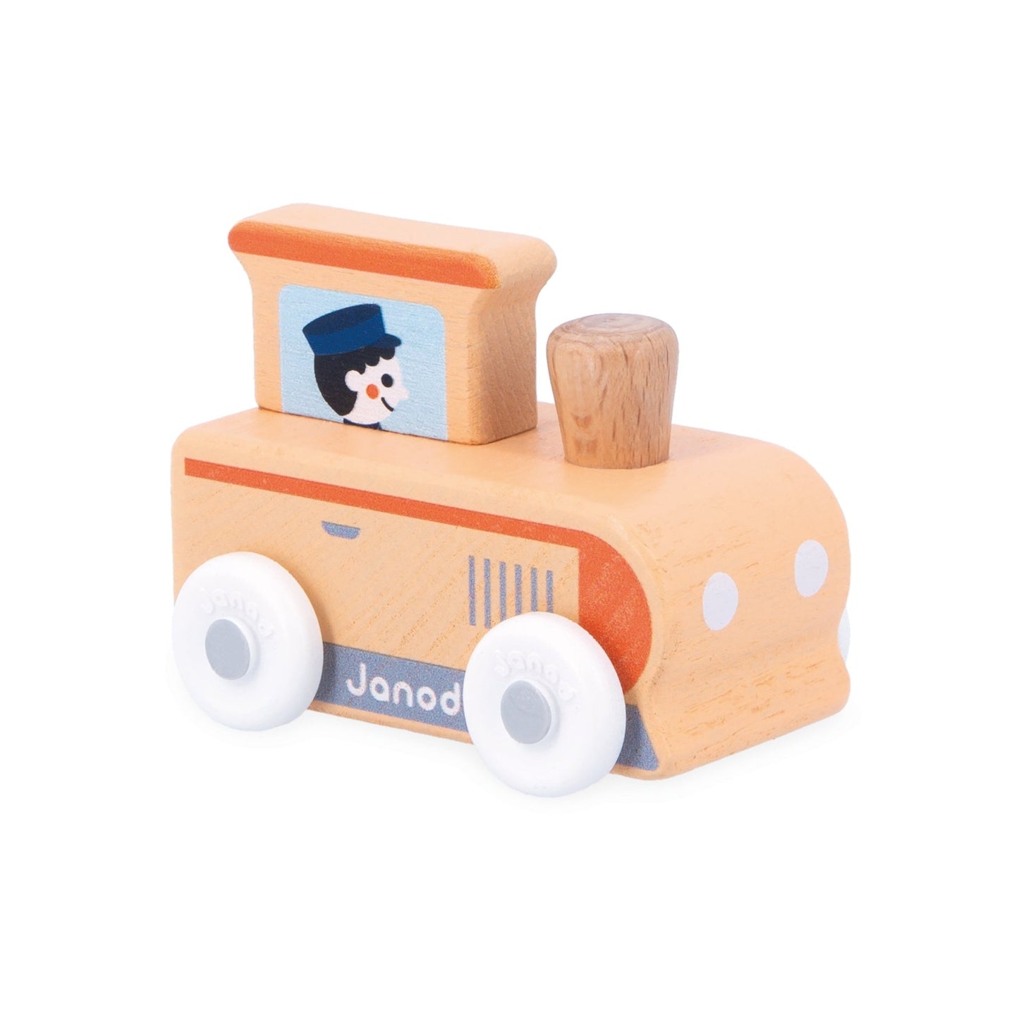 Janod Wooden toy train with a driver figure on a white background