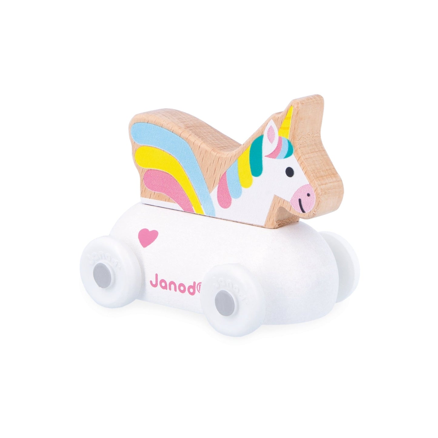 Janod wooden Toy car with a unicorn design on a white background