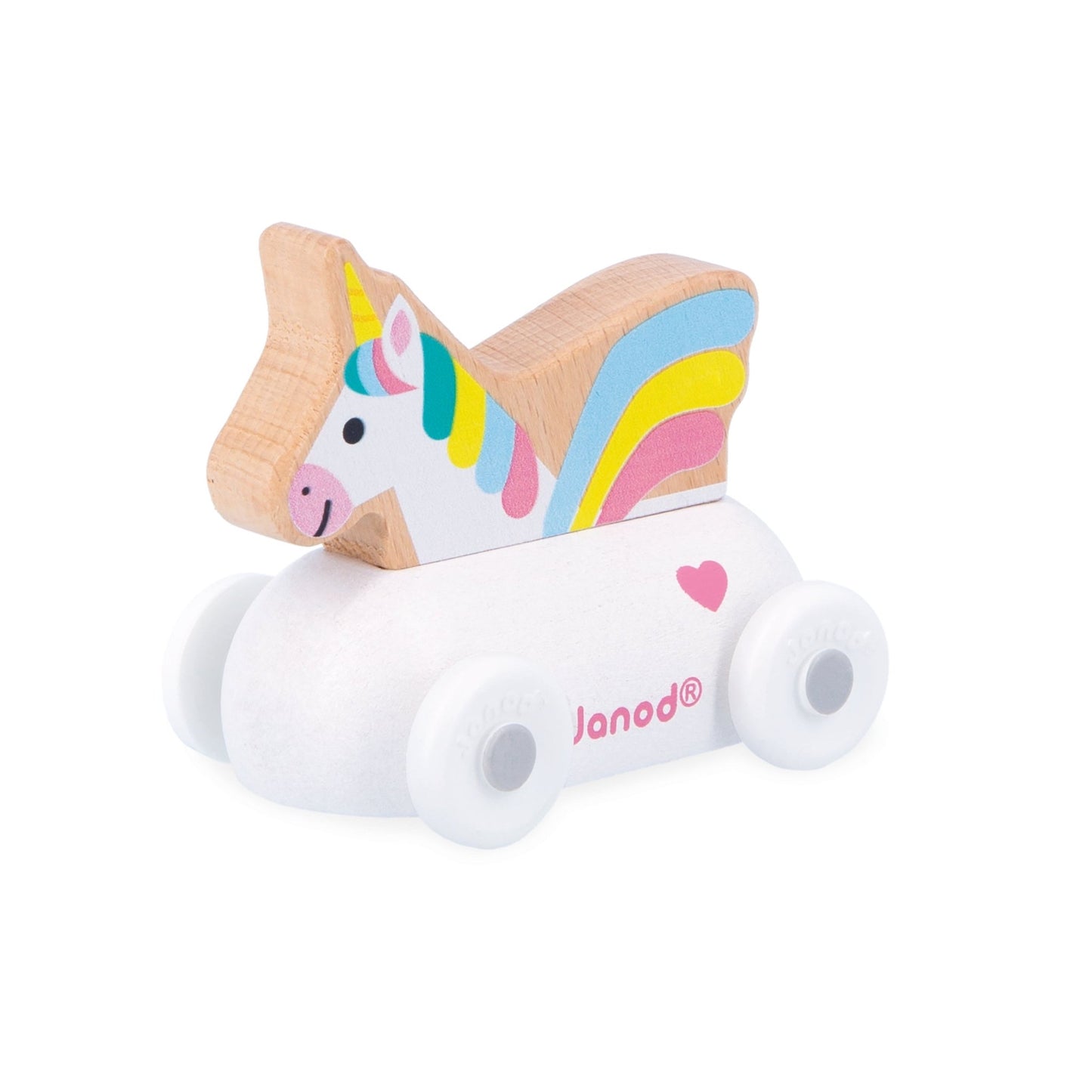 Janod wooden Toy car with a unicorn design on a white background