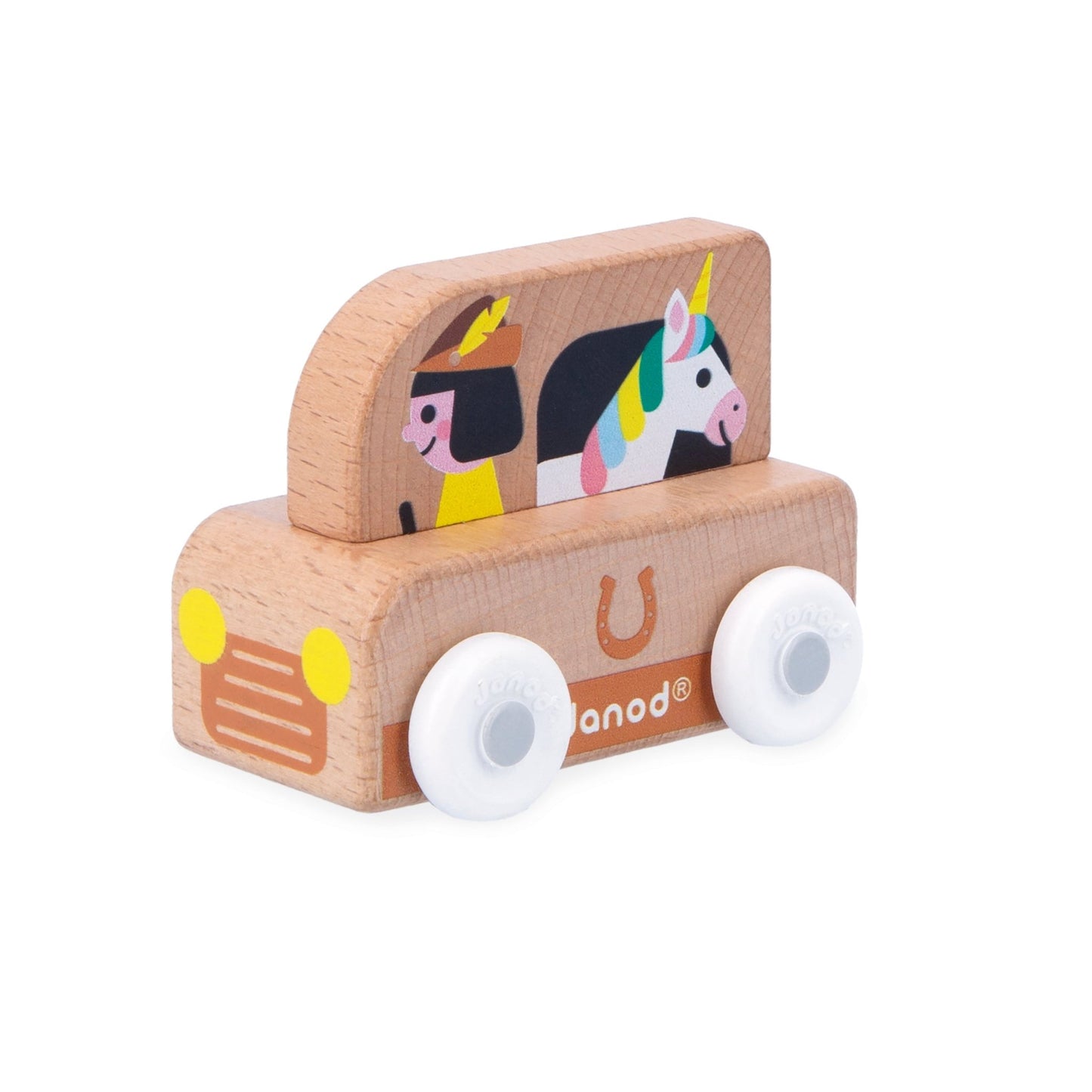 Jadon unicorn van, Wooden toy car with a unicorn design on a white background