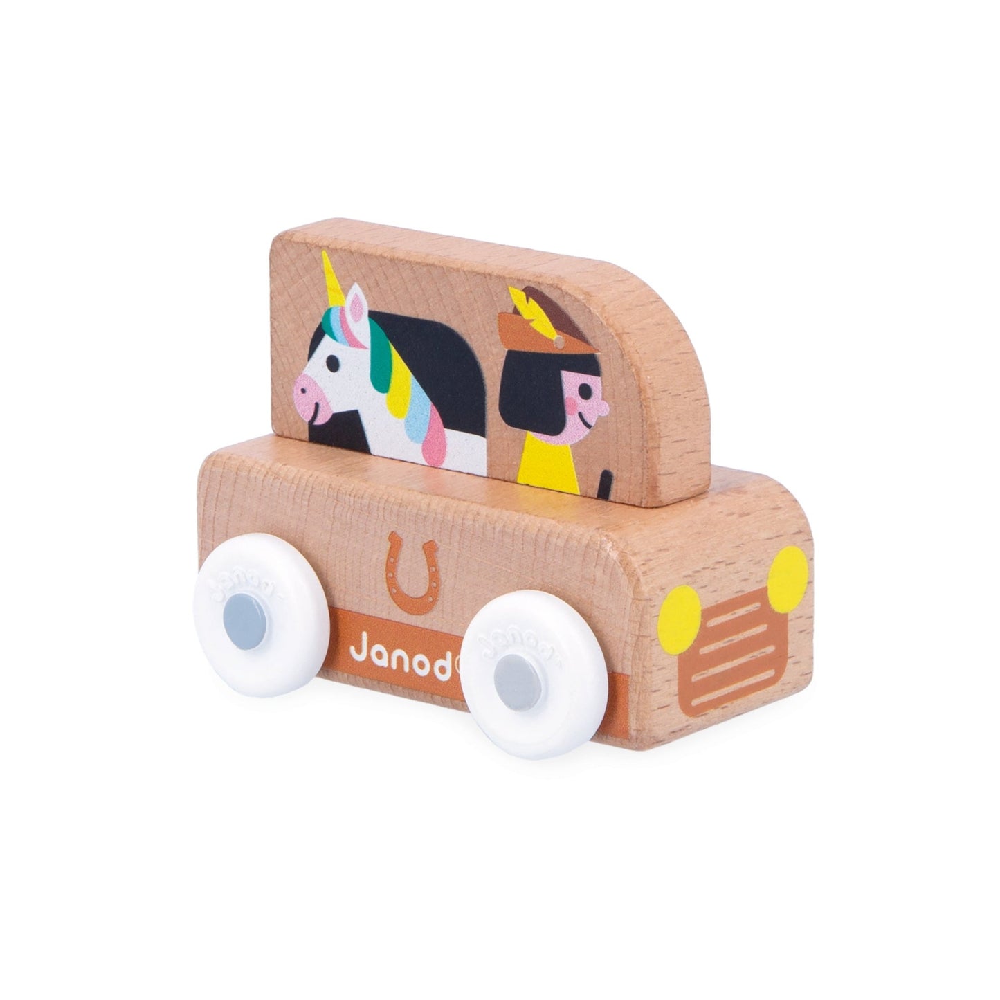 Jadon unicorn van, Wooden toy car with a unicorn design on a white background