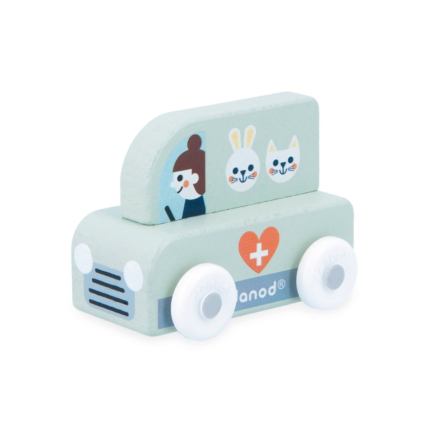 Janod Light green toy ambulance with cartoon characters on a white background