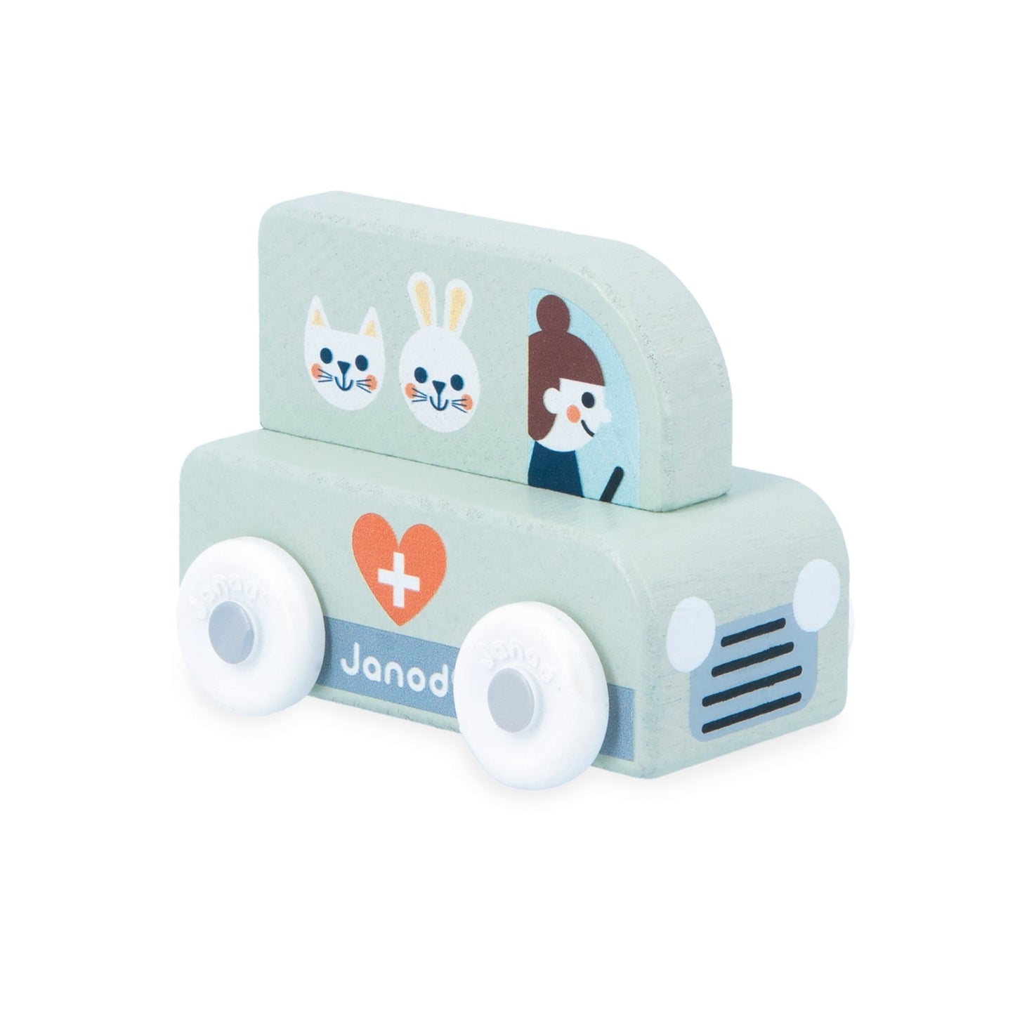 Janod Light green toy ambulance with cartoon characters on a white background