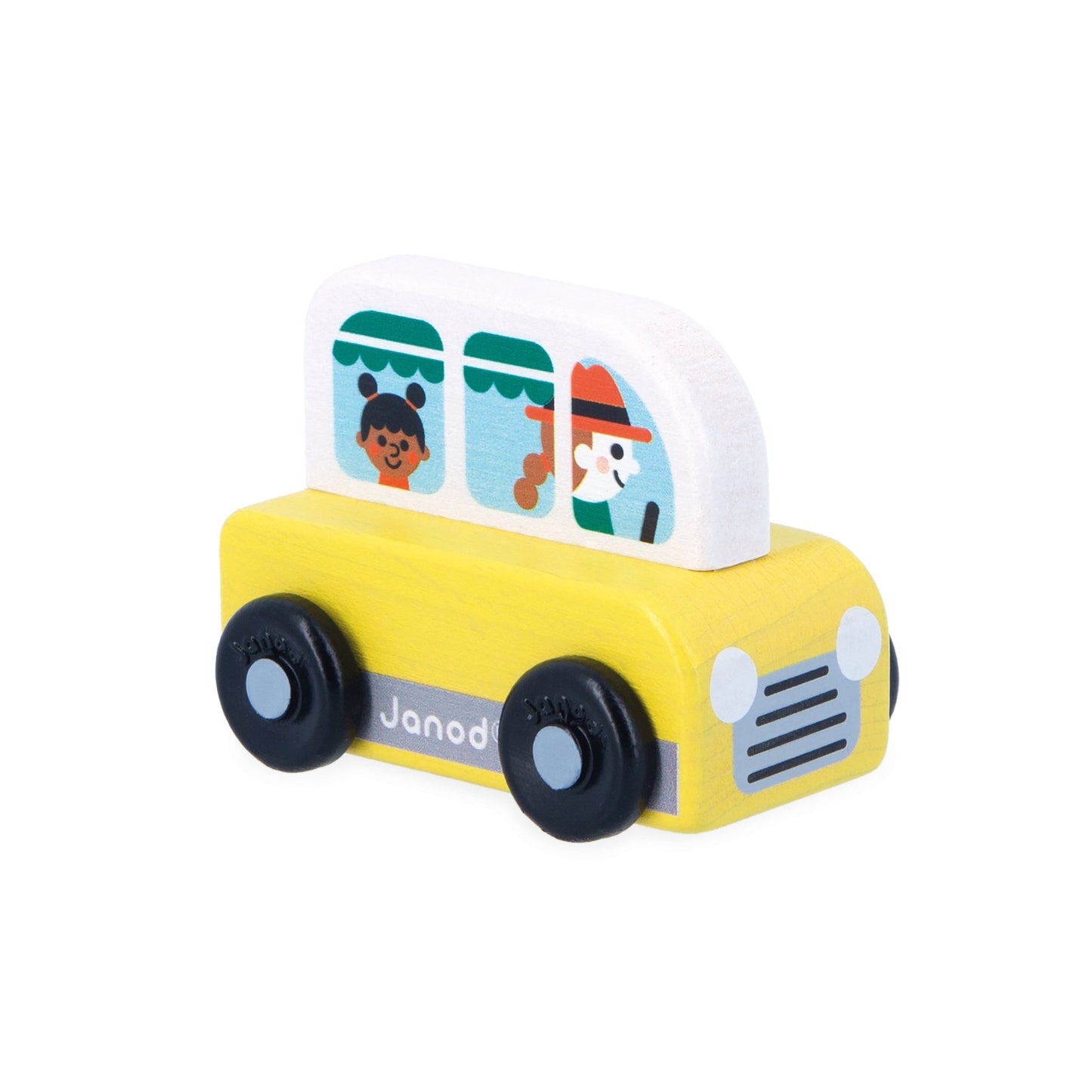 Janod countryside wooden van, in yellow with painted design of passengers and driver.