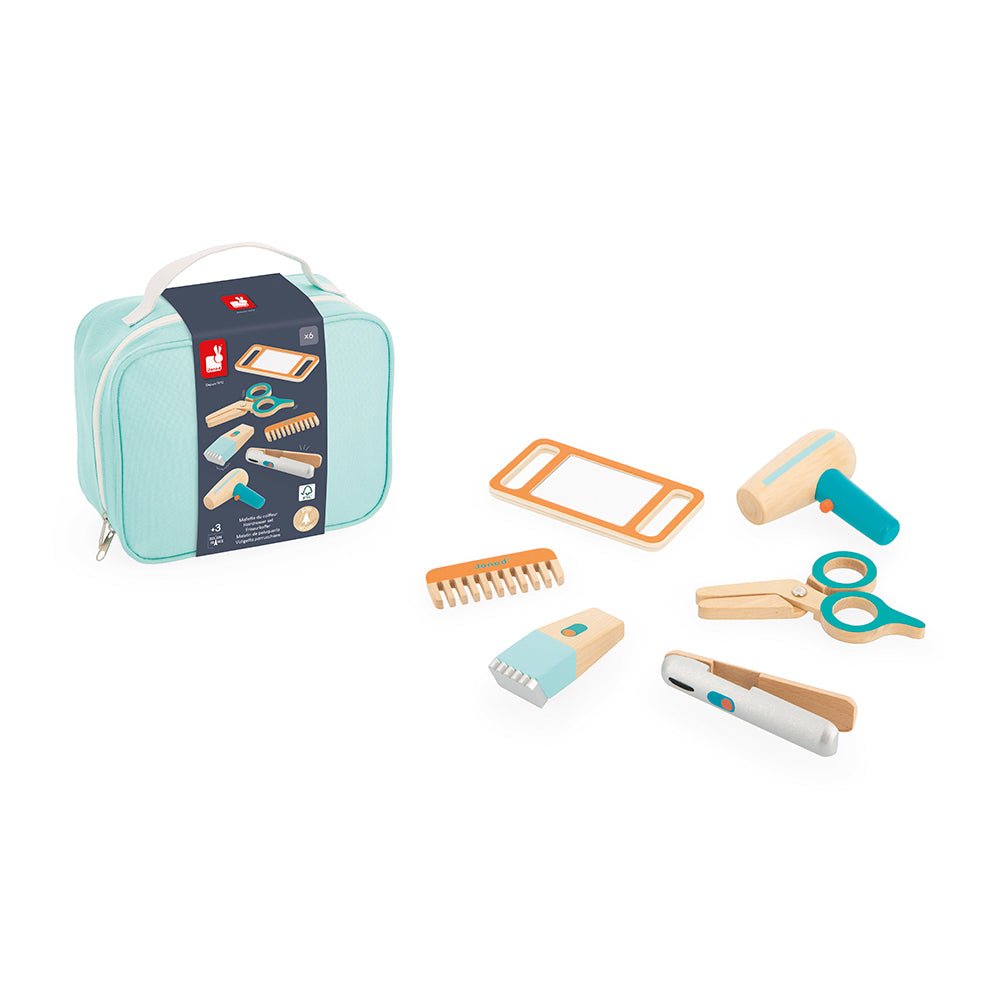 Janod hairdresser set with wooden accessories and carry case