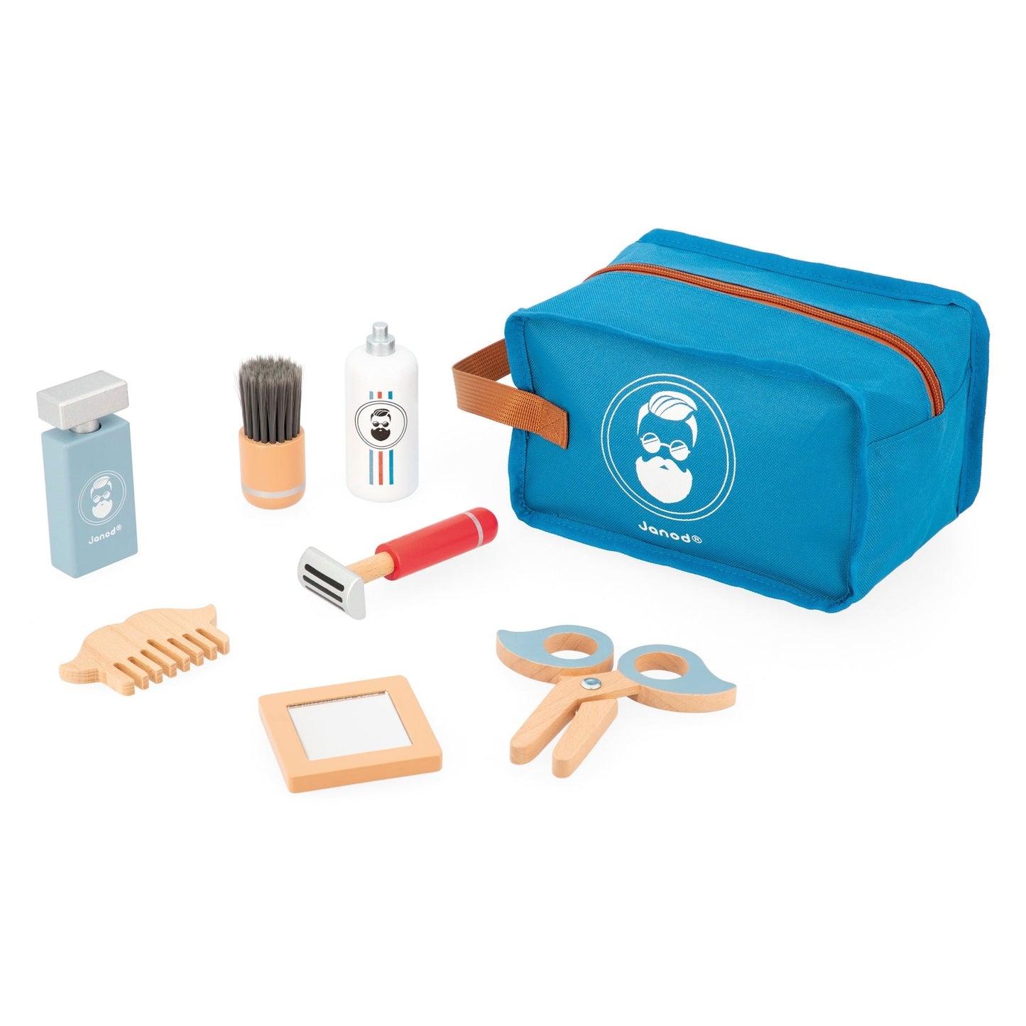 Set of mini grooming tools with a blue carrying case on a white background