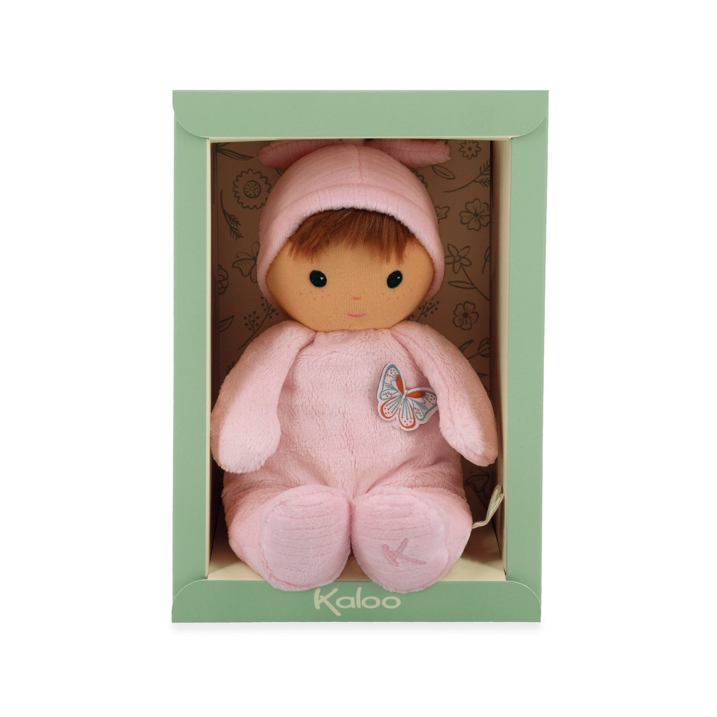 Soft 24 cm pink Kaloo Baby Camélia fabric doll with butterfly detail and knotted hat.