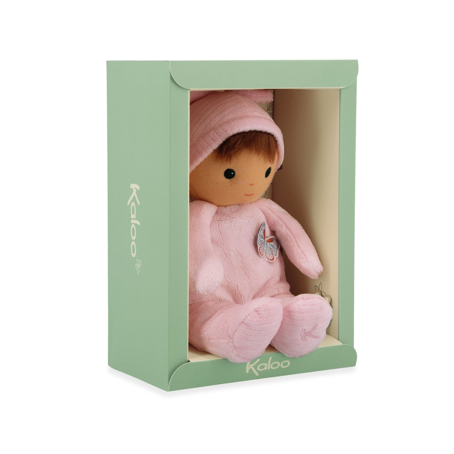 Soft 24 cm pink Kaloo Baby Camélia fabric doll with butterfly detail and knotted hat.