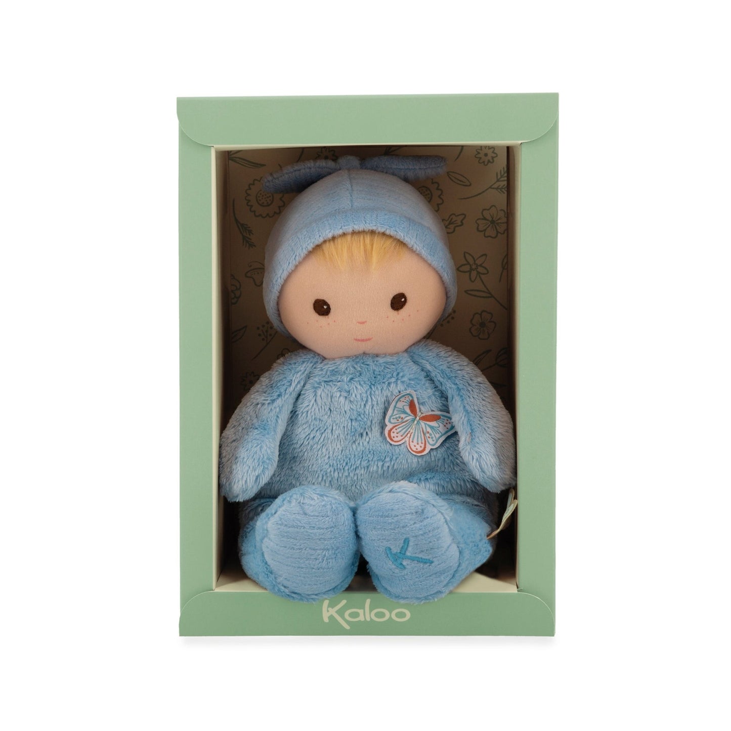 Soft 24 cm blue Kaloo Baby Lin fabric doll with butterfly detail and tied hat.