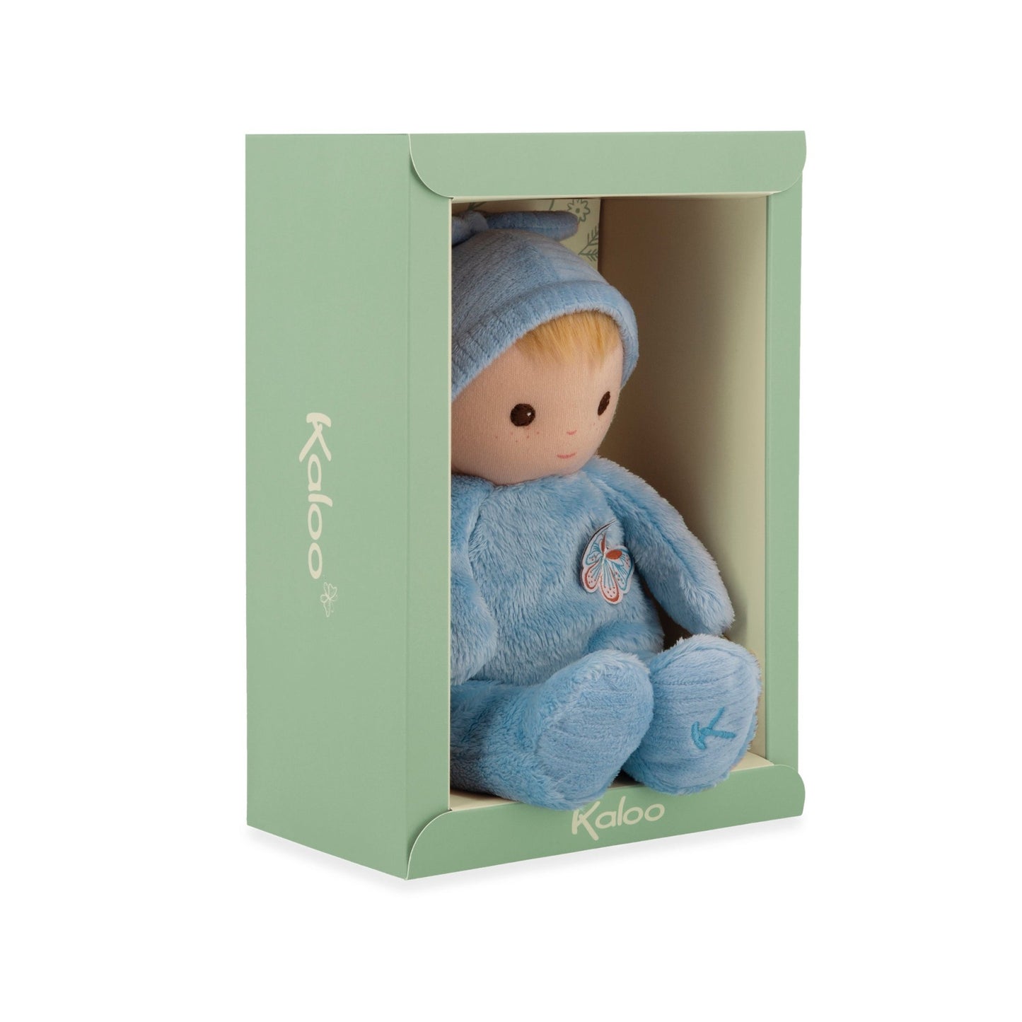 Soft 24 cm blue Kaloo Baby Lin fabric doll with butterfly detail and tied hat.