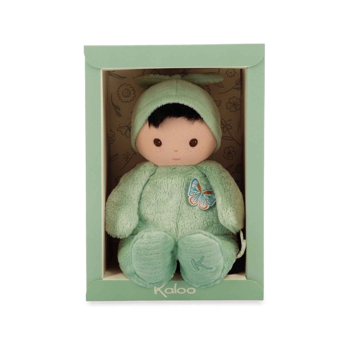 Soothing green Kaloo Baby Piléa doll with embroidered butterfly and illustrated gift box.