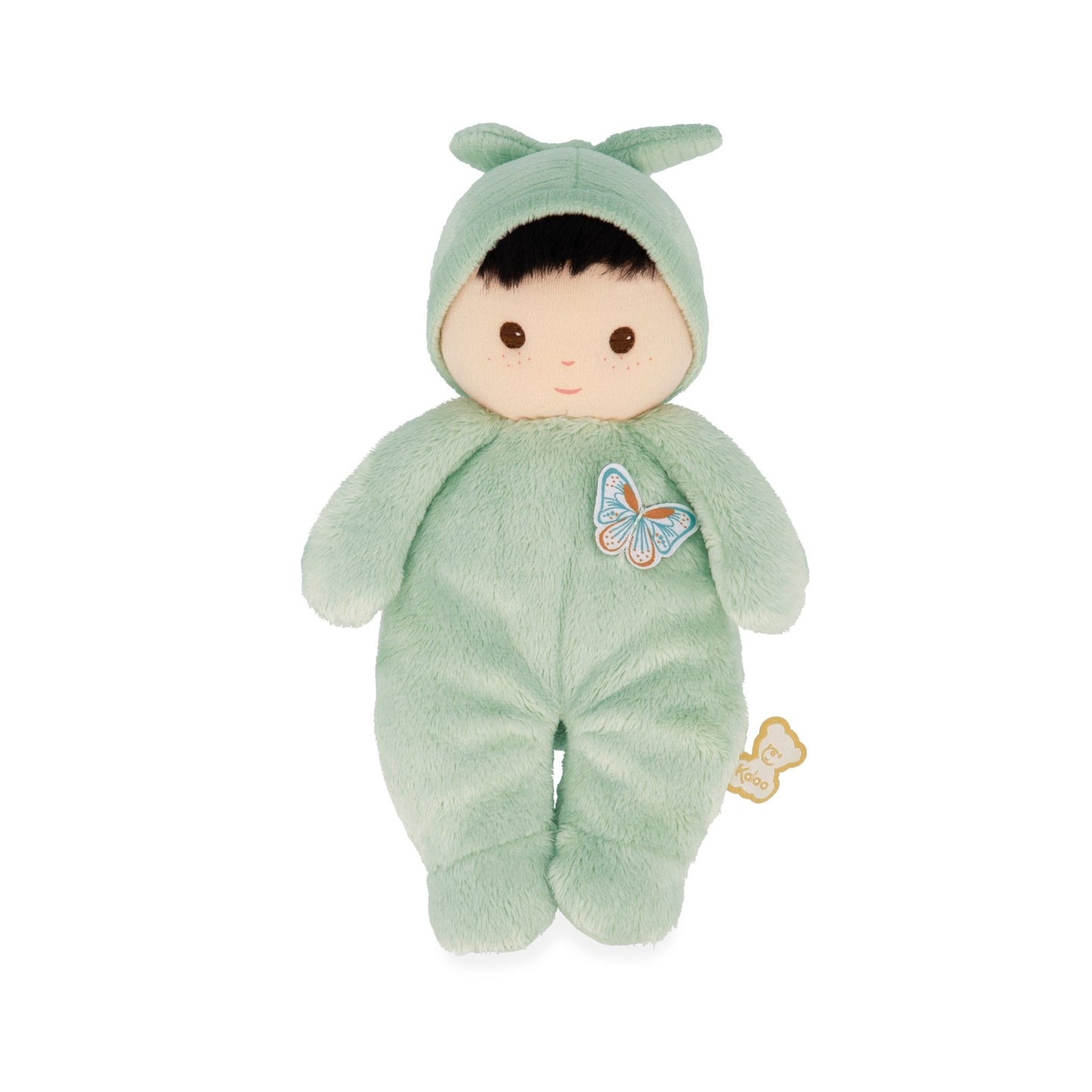 Soothing green Kaloo Baby Piléa doll with embroidered butterfly and illustrated gift box.
