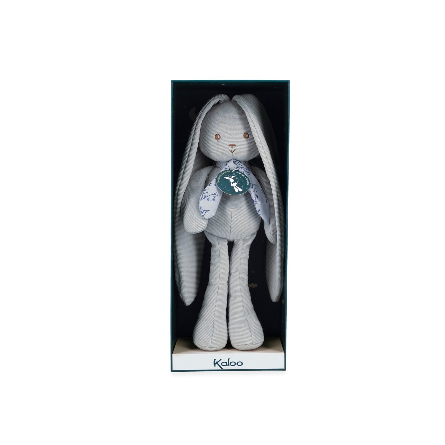 Soft 25 cm blue Kaloo rabbit plush with tieable ears, corduroy details and personalised gift box.