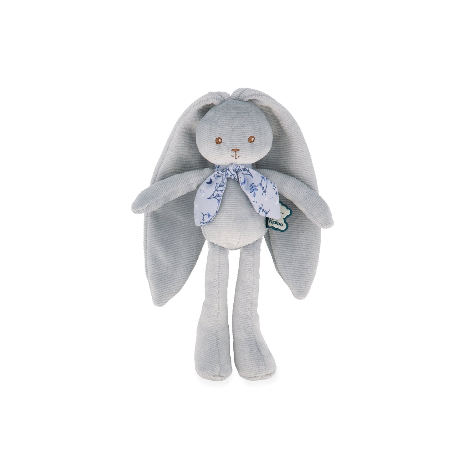 Soft 25 cm blue Kaloo rabbit plush with tieable ears, corduroy details and personalised gift box.