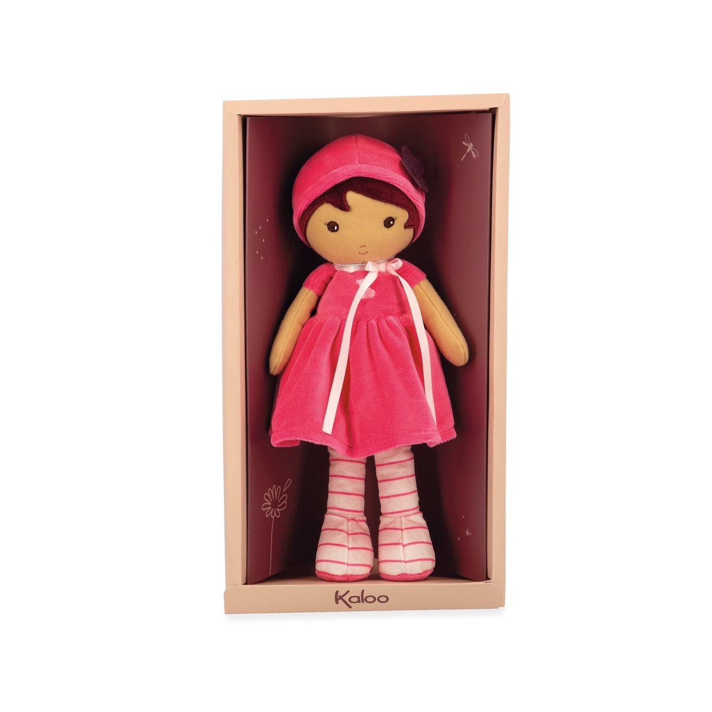 Kaloo | My First Doll - Emma 25cm. Stuffed doll in a pink outfit with a matching hat in a wooden box, brand 'Kaloo' visible.