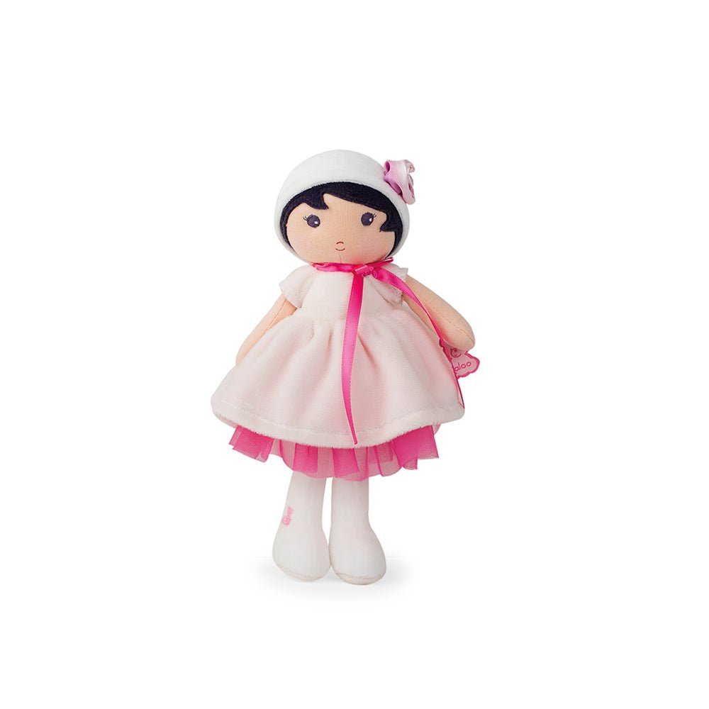 Kaloo | My First Doll - Perle 25cm. Doll with white dress and pink accents on a white background
