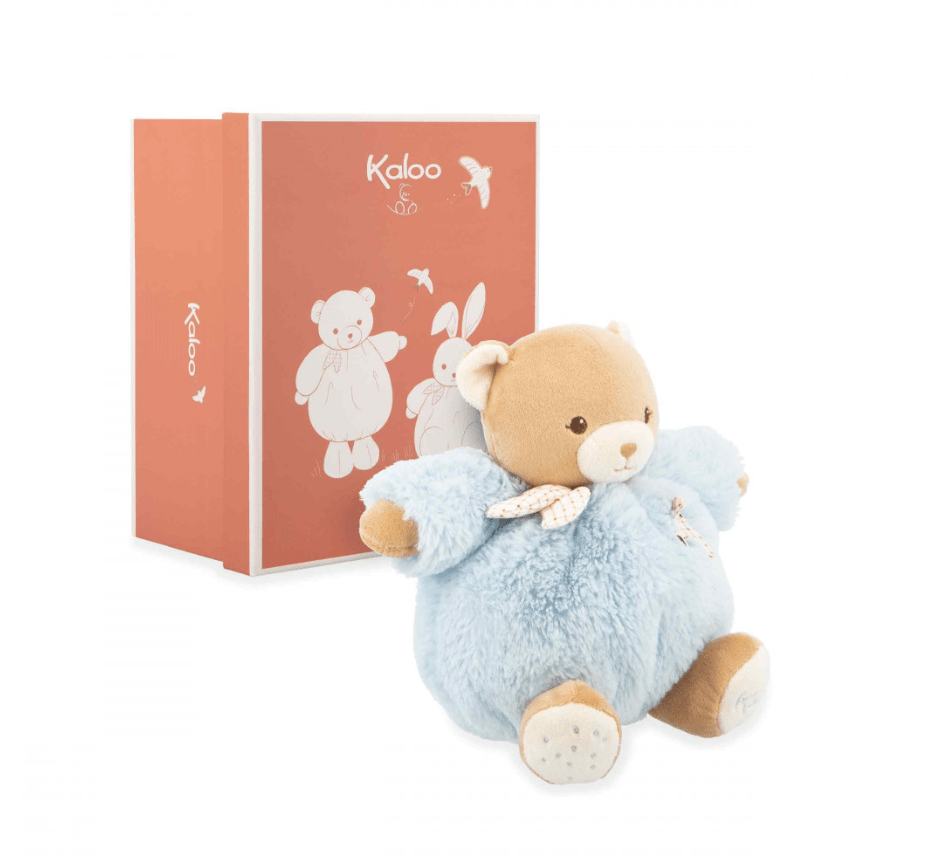 Blue Kaloo Patapouf teddy bear, 17 cm, with swallow motif, gingham heart and keepsake gift box.