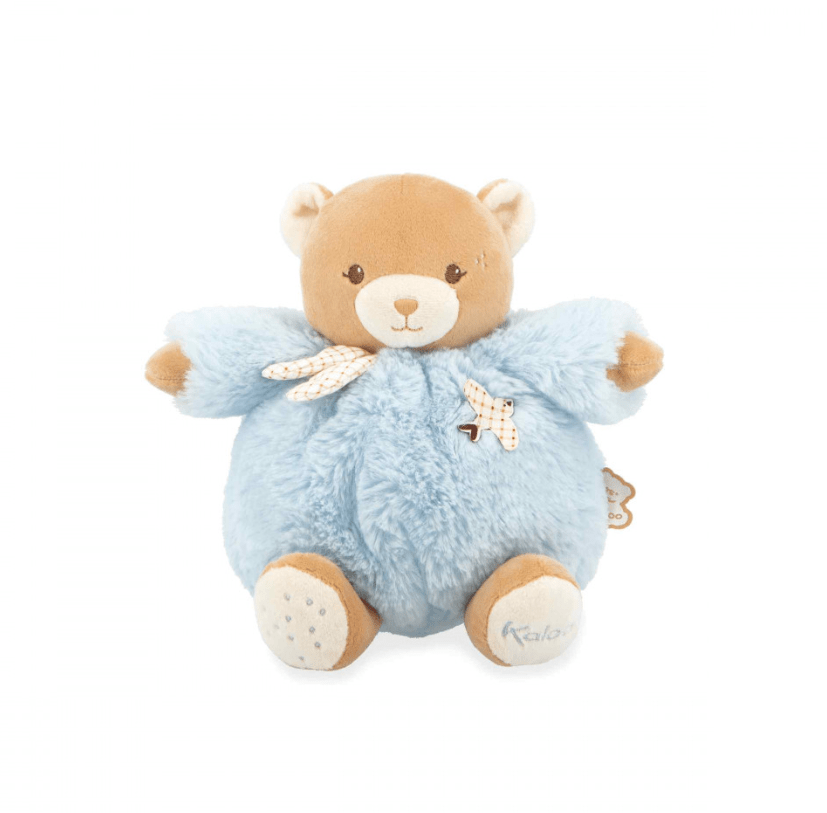 Blue Kaloo Patapouf teddy bear, 17 cm, with swallow motif, gingham heart and keepsake gift box.