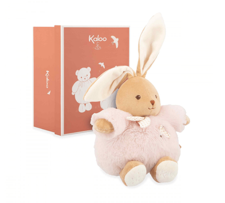 Pink Kaloo Patapouf rabbit plush, 17 cm, with swallow motif on its heart, gingham details and keepsake gift box.