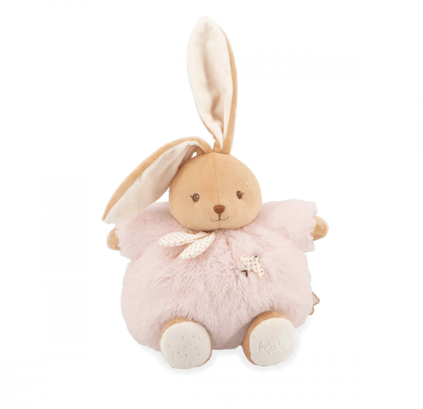 Pink Kaloo Patapouf rabbit plush, 17 cm, with swallow motif on its heart, gingham details and keepsake gift box.