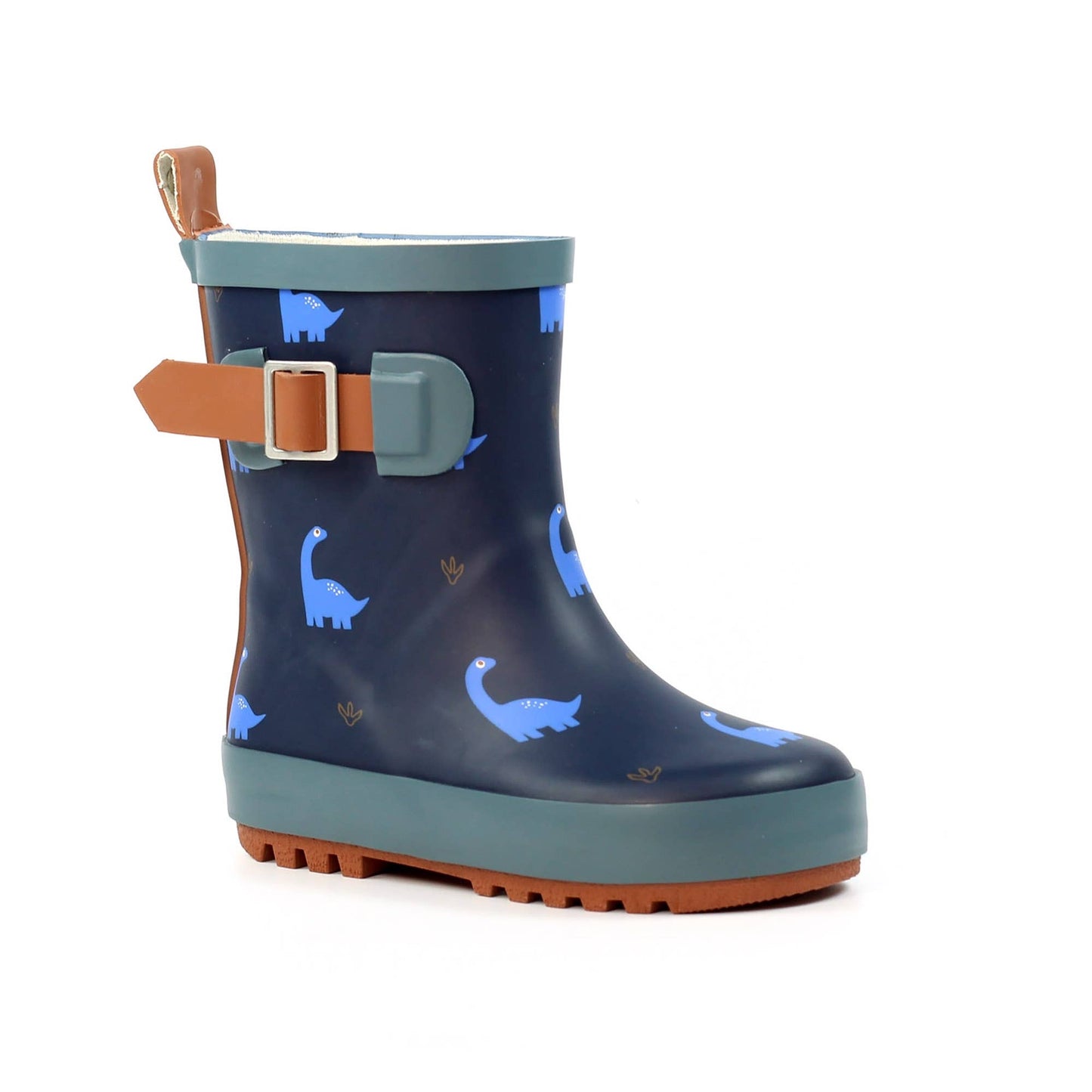 Navy children’s dinosaur‑print wellington boot with teal trim, adjustable side strap, pull tab and textured rubber sole.