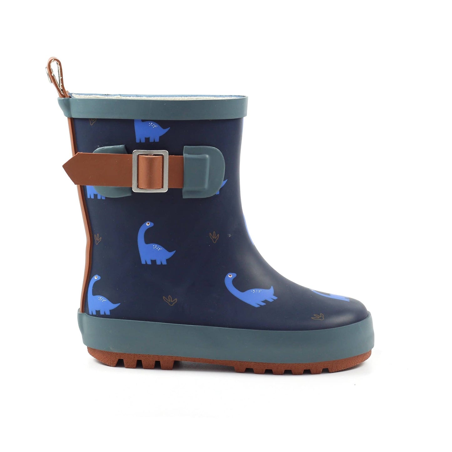 Navy children’s dinosaur‑print wellington boot with teal trim, adjustable side strap, pull tab and textured rubber sole.