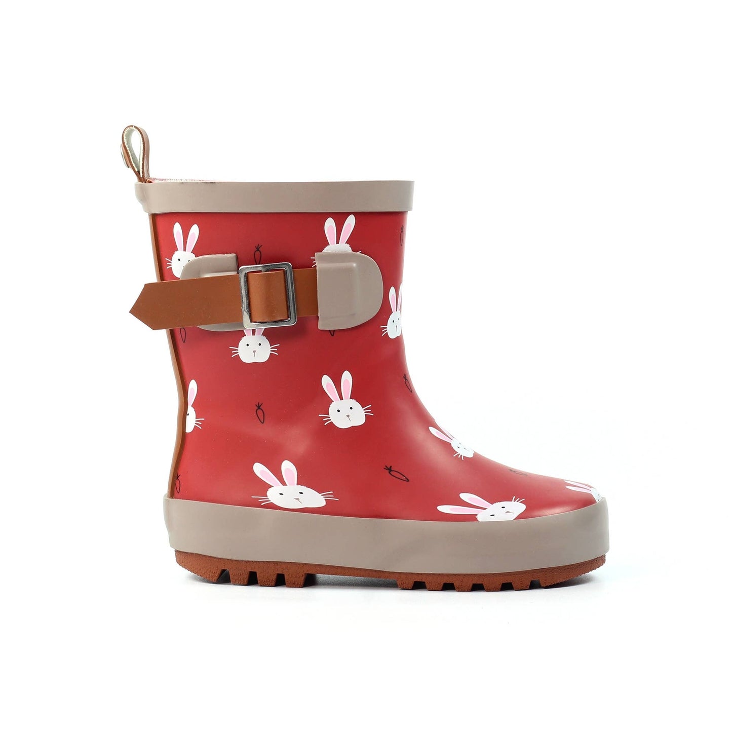 Berry‑coloured children’s wellington boot with white bunny print, beige trim, adjustable side strap, pull tab and textured rubber sole.