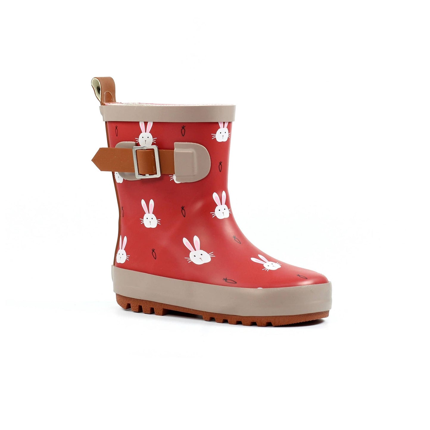 Berry‑coloured children’s wellington boot with white bunny print, beige trim, adjustable side strap, pull tab and textured rubber sole.
