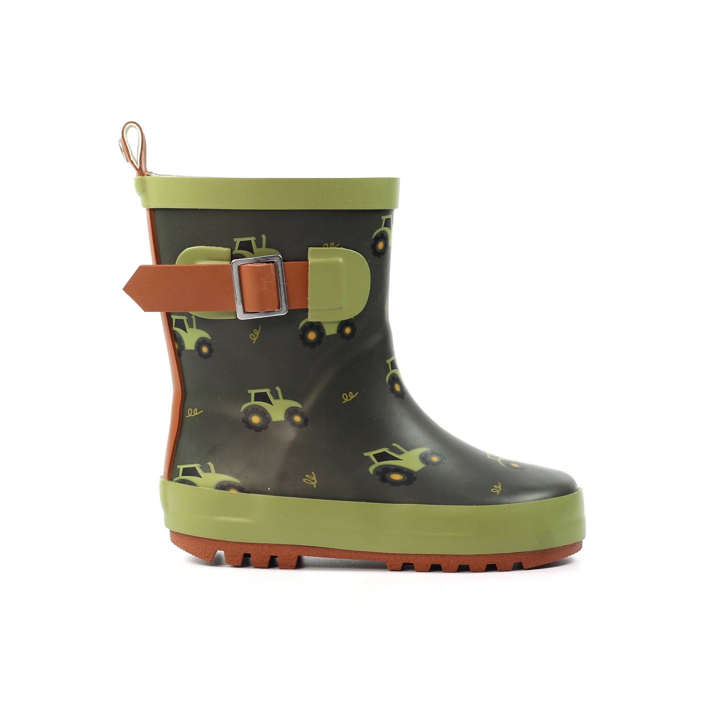 Dark green children’s wellington boot with bright green tractor print, light‑green trim, brown buckle strap and textured rubber sole.