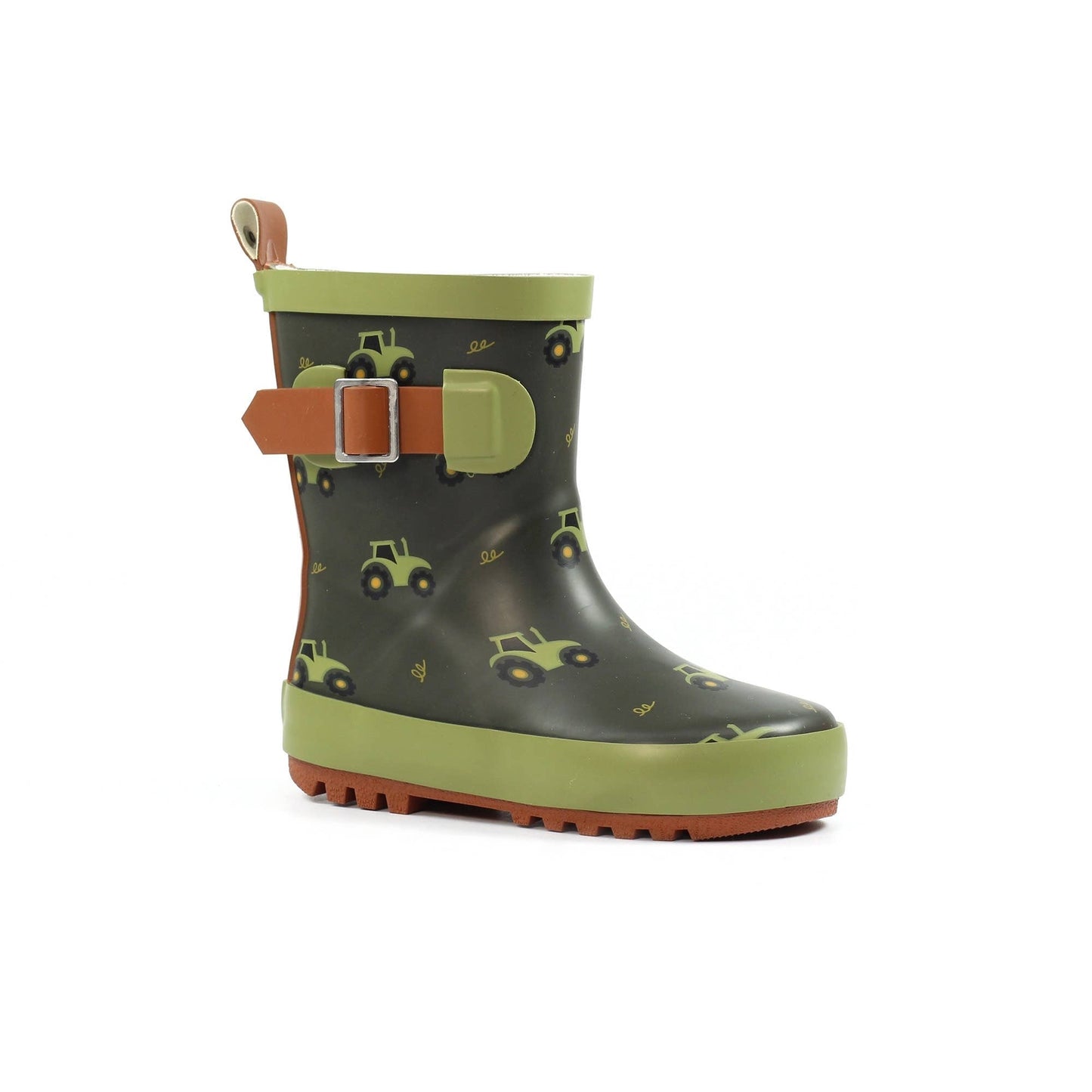 Dark green children’s wellington boot with bright green tractor print, light‑green trim, brown buckle strap and textured rubber sole.