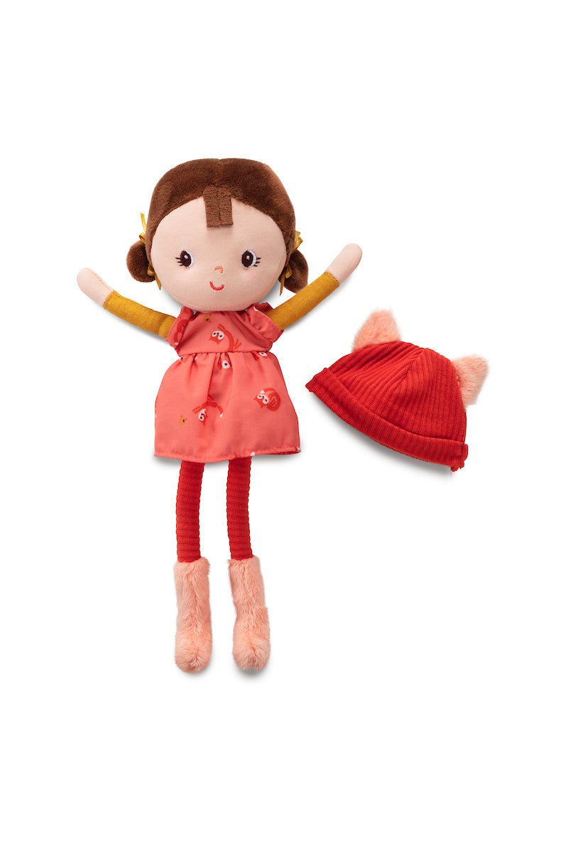 Lilliputiens Alice soft fabric doll with brown pigtails, fox‑ear hat, coral fox dress and matching gift box. Little Bigheads.