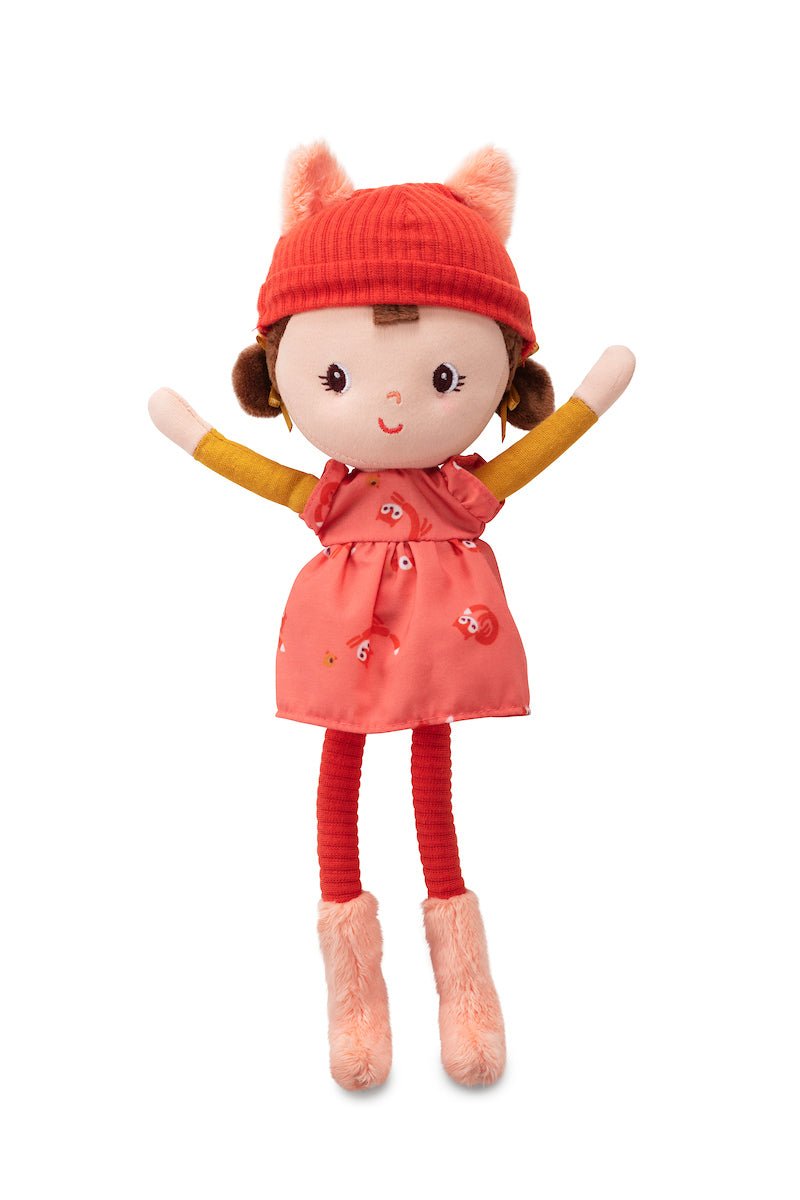 Lilliputiens Alice soft fabric doll with brown pigtails, fox‑ear hat, coral fox dress and matching gift box. Little Bigheads.