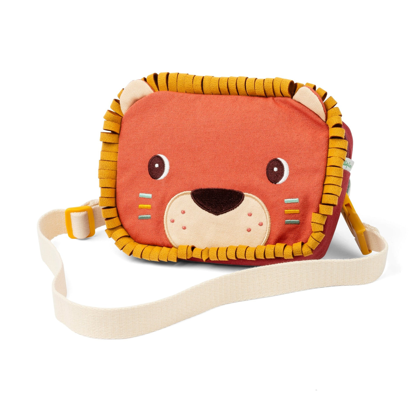 Brave lion‑shaped children’s bumbag with embroidered face, soft whisker mask, looped yellow mane and adjustable strap.
