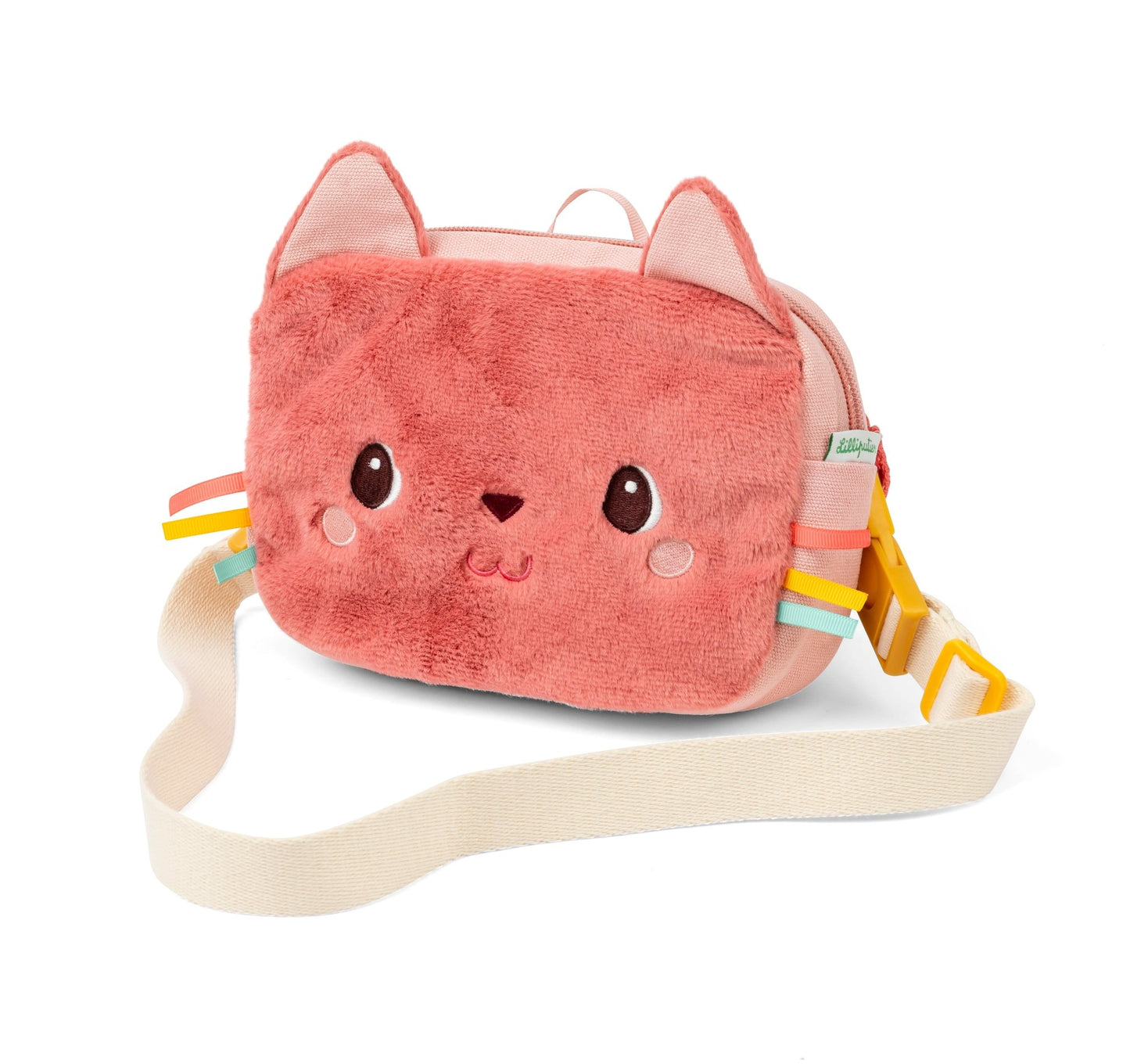 Soft pink cat‑shaped children’s bumbag with embroidered face, ears, colourful ribbons and adjustable strap.