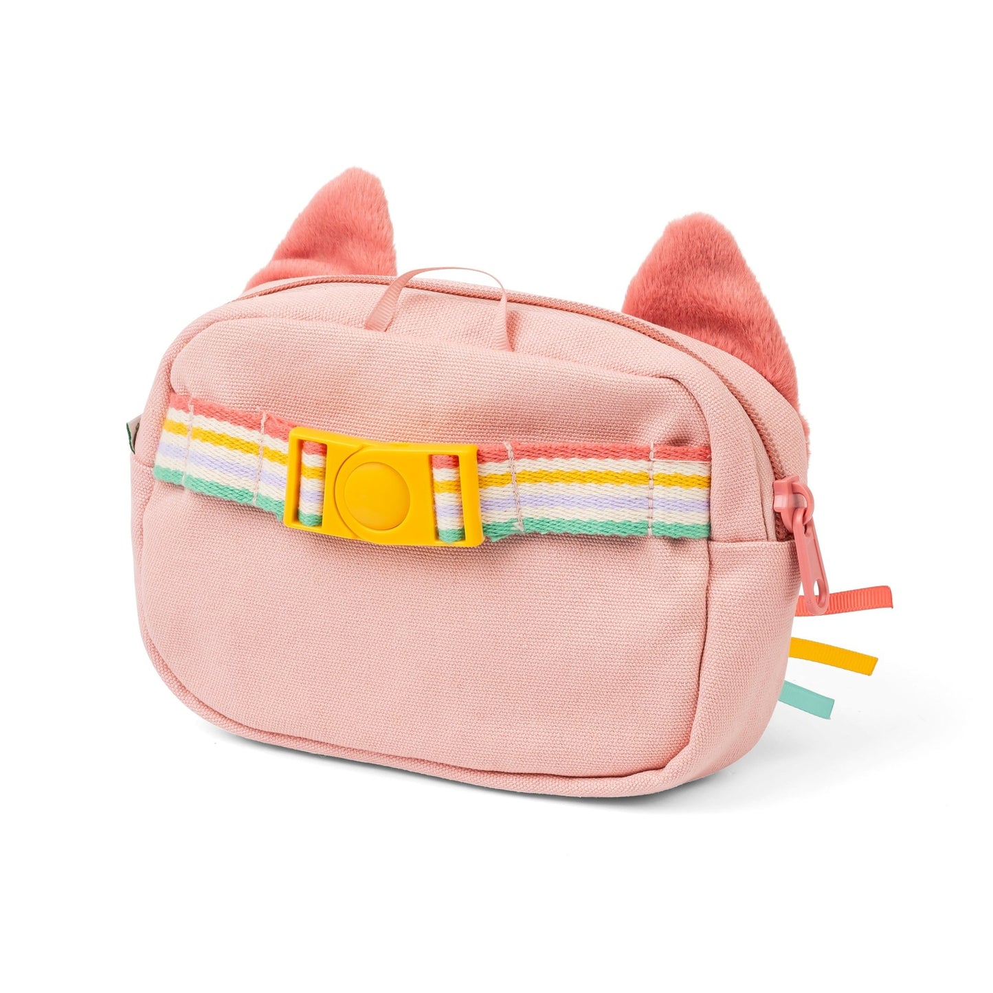 Soft pink cat‑shaped children’s bumbag with embroidered face, ears, colourful ribbons and adjustable strap.