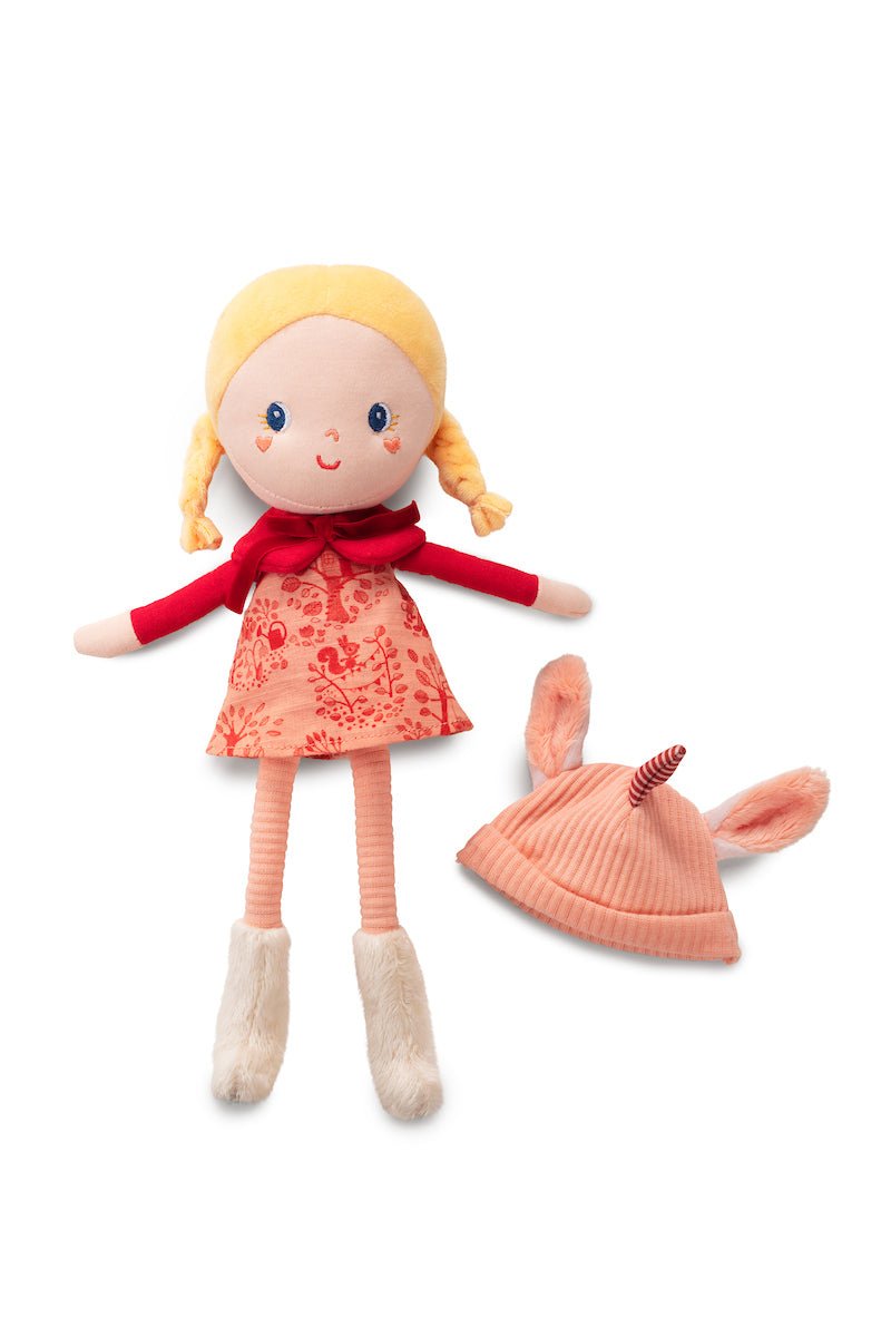 Lilliputiens Lena soft fabric doll with blonde braids, unicorn‑horn hat, forest dress and matching gift box. Little Bigheads.