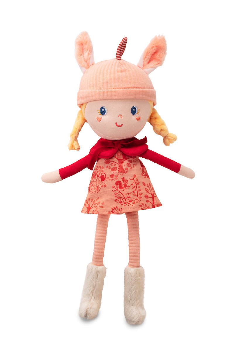 Lilliputiens Lena soft fabric doll with blonde braids, unicorn‑horn hat, forest dress and matching gift box. Little Bigheads.