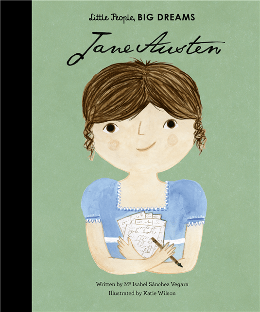 Book cover of 'Little People, Big Dreams: Jane Austen' with an illustration of a young girl holding writing materials.
