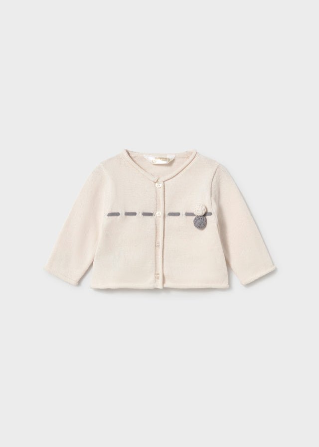 Mayoral baby girl 3‑piece knit set in ash — cardigan, floral t‑shirt and knit leggings with cross‑over shoulder straps.