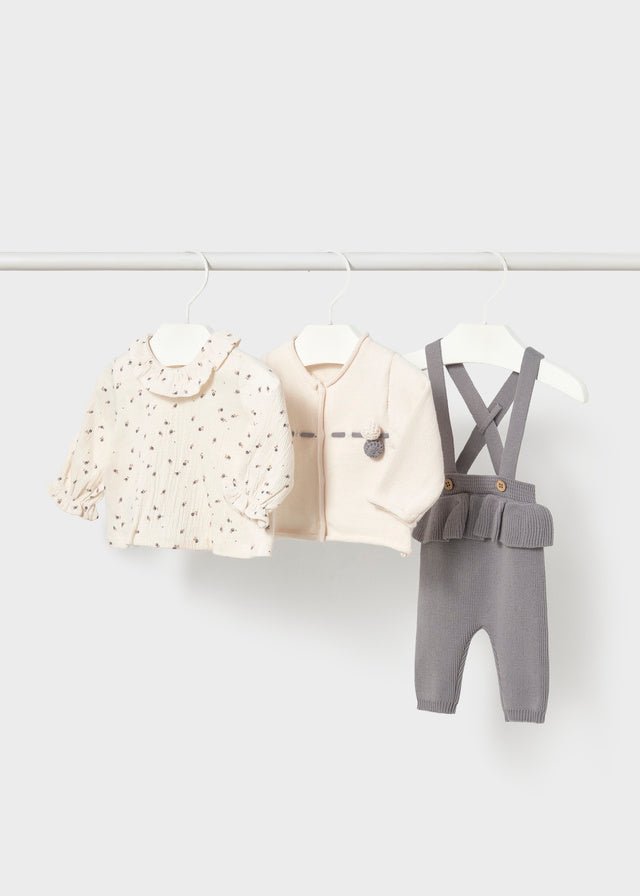 Mayoral baby girl 3‑piece knit set in ash — cardigan, floral t‑shirt and knit leggings with cross‑over shoulder straps.