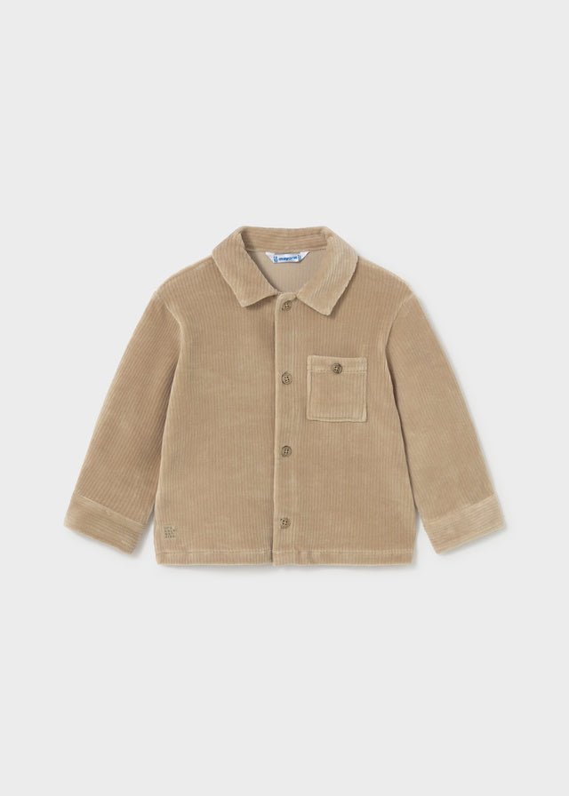 Baby Boy hazelnut knit overshirt with button front and chest pocket.