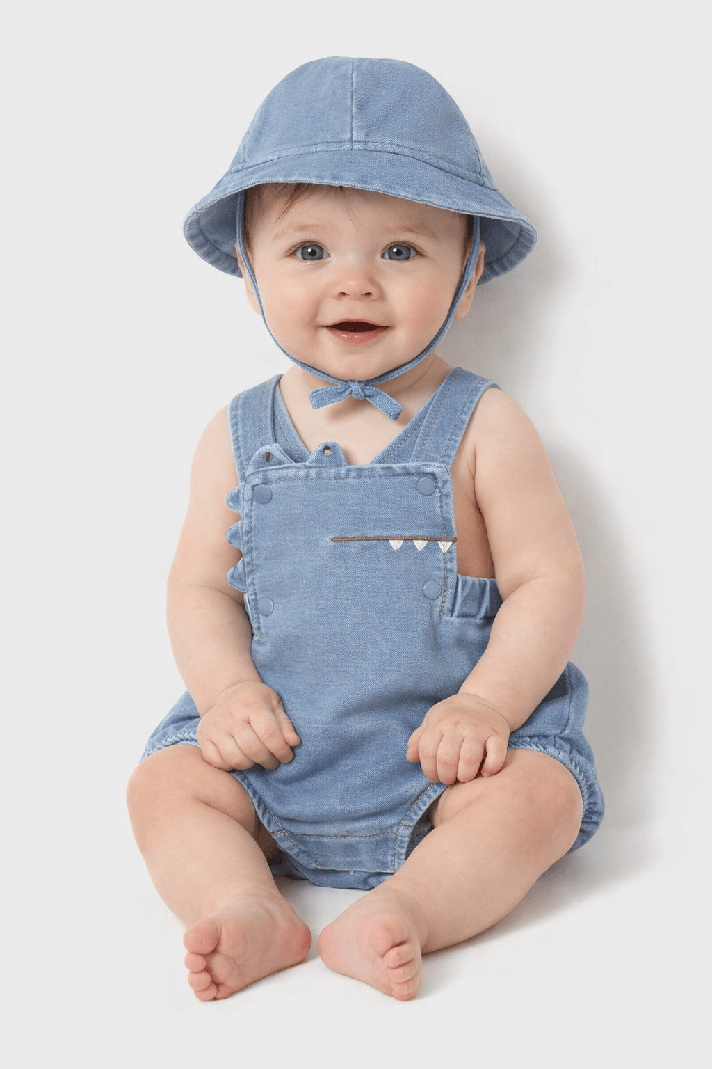 Blue baby dinosaur romper with playful spikes and matching wide‑brim sun hat.