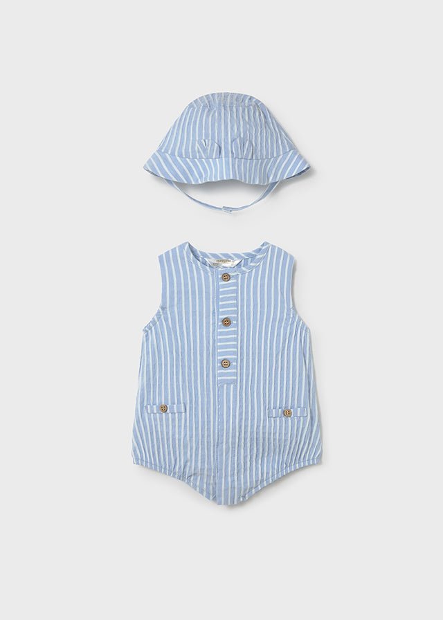 Light blue striped baby romper with wooden buttons and matching sun hat.