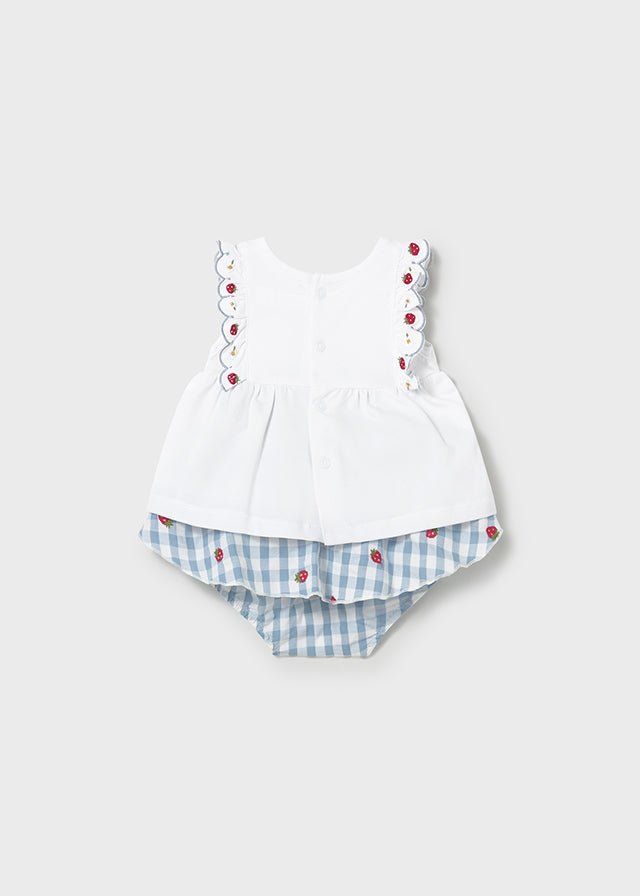 Baby girl sleeveless top with embroidered strawberries and blue gingham ruffle bloomers.