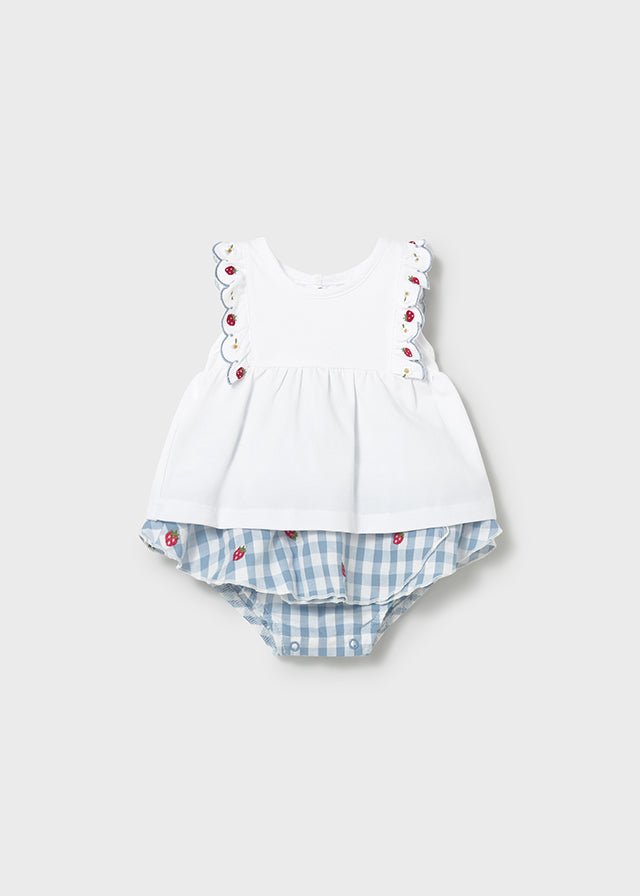 Baby girl sleeveless top with embroidered strawberries and blue gingham ruffle bloomers.