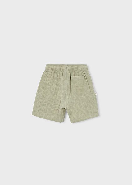 boys mayoral cheesecloth style shorts in neutral bamboo colour with drawstring fastening.