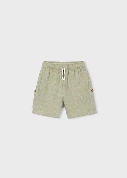 boys mayoral cheesecloth style shorts in neutral bamboo colour with drawstring fastening.