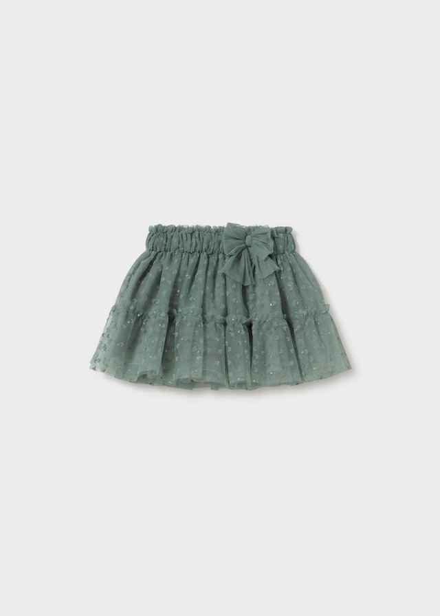 Bayleaf green tulle skirt with layered shimmer and heart detailing.

